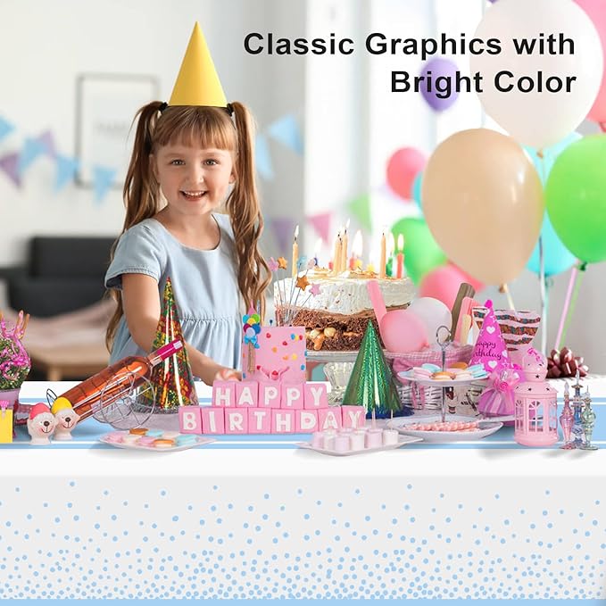 6 Pack White and Light Blue Tablecloth Party Decorations Plastic White Tablecloth Printed Light Blue Table Runner 54 x108 Inch Disposable Rectangle Table Cover for Birthday Wedding Graduation