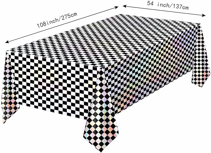 1 Pack Black and Iridescent Checkered Tablecloth Shiny Disposable Holographic Foil Table Cloth Plastic Laser Rectangle Table Cover for Picnic Birthday Party Race Car Tablecloth