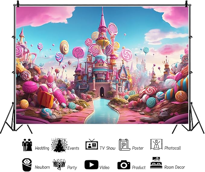 9x6ft Candyland Backdrop Fantasy Pink Castle Sweet Candy Photography Background Girls Birthday Candyland Theme Party Decorations Banner Photo Studio Props