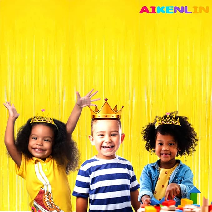 4 Pack 3.2Ft x 8.2Ft Yellow Foil Fringe Curtain Backdrop, Metallic Tinsel Foil Fringe Streamers Curtains Background for Photo Booth, Birthday, Wedding, Disco, Bachelorette, Christmas Party Decoration