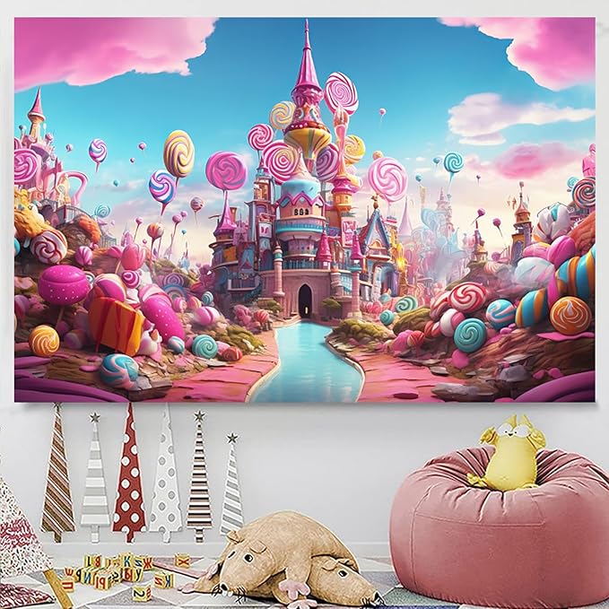 12x8ft Candyland Backdrop Fantasy Pink Castle Sweet Candy Photography Background Girls Birthday Candyland Theme Party Decorations Banner Photo Studio Props
