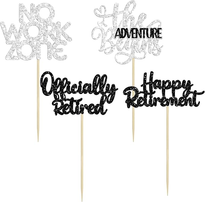 24Pcs Happy Retirement Cupcake Toppers Officially Retired Cake Toppers No Work Zone Adventure Begins Cupcake Picks Retirement Theme Farewell Birthday Party Decorations Supplies Silver