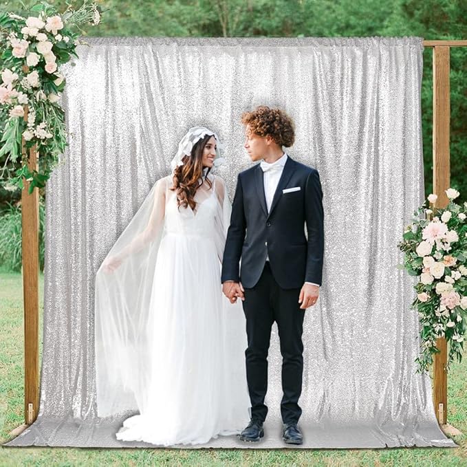 PartyDelight Silver Sequin Backdrop 6x7ft - High Density 3mm Shimmer Sequin Background with 4-Inch Rod Pocket, Sparkly Photography Curtain for Birthday, Disco, TikTok & Live Decor