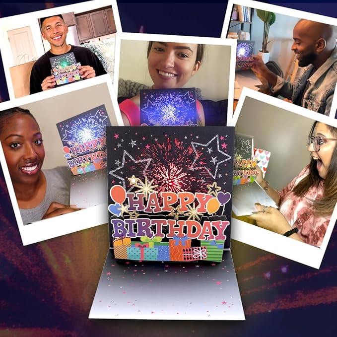 100 GREETINGS Fireworks Pop Up Happy Birthday Card - Singing Celebration Card with Light Show & Music, Unique Musical BDay Message for Women, Men, Mom, Grandma & Grandpa (1 LED)