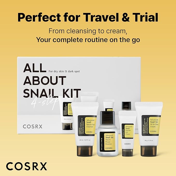 COSRX All About Snail Mucin Korean Skin Care Set, Mini Travel Essentials, Travel Size Gift Set with Snail Mucin Face Wash, Serum, Moisturizer & Eye Cream, Rejuvenating Kit