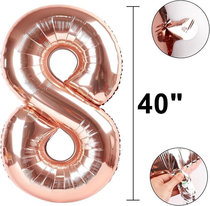 Rose Gold Number 8 Balloon Foil Mylar Number 8th Birthday 40 Inch Big Giant Helium Number for 18 28 Birthday Decor,Boys Girl Party Supplies & 80 Anniversary Events