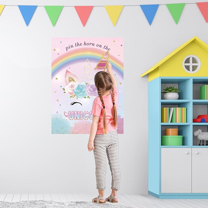 Pin The Horn on The Unicorns Party Game with 24 PCS Horn and Eye Mask for Kids Girls Birthday 21'' x 28'' (Unicorns)