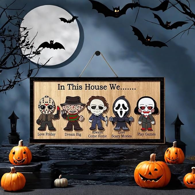 In This House We Horror Halloween, 2 Layered Frame Wood Sign, Halloween Signs, Wall Hanging Scary Decorations, Haunted Party, Spooky Movie Characters decor for Indoor Outdoor Wall Desk (STAND)