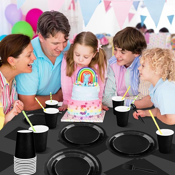 TWOWYHI 229PCS Black Party Supplies Set Paper Disposable Plates Cups Plastic Spoons Forks Knives Black Napkins for 30 Guests Disposable Party Dinnerware Sets for Wedding Birthday Parties