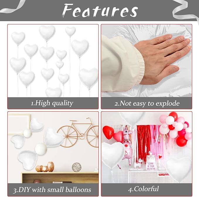 Biapian White Heart Balloons Helium, 10PCS White Foil Heart Shape Balloons Valentines 18inch Metallic White Foil Balloon for Helium Valentine Decorations for White Wedding, Brithday Party, Anniversary