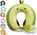 Cute Travel Pillow with Sleep Eye Mask Cartoon Headrest & Neck Pillow for Kids Boys & Girls, Teens, Travel Accessories for Airplane, Car, Recline, Home Use Memory Foam Flight - Green Avocado