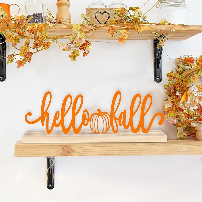 COCHIE Metal Hello Fall Sign, Orange Fall Decorations for Home, Office, Shelf, Mantel, Indoor, Autumn Decoration, Pumpkin Decor (Autumn B)