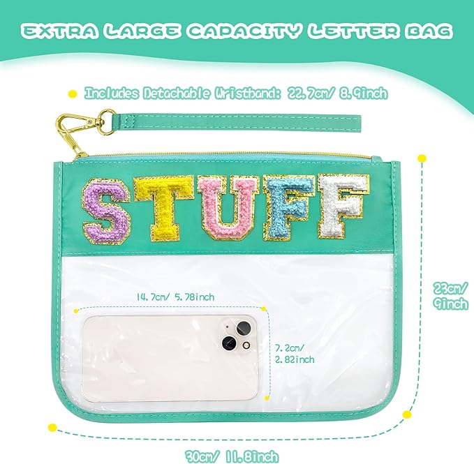 Chenille Letter Clear Travel Zipper Pouch Nylon Makeup Bag, Preppy Makeup Bag Clear Cosmetic Toiletry Bag, Water-proof Makeup Travel Pouch Snack Bags for Women (Green-Stuff)