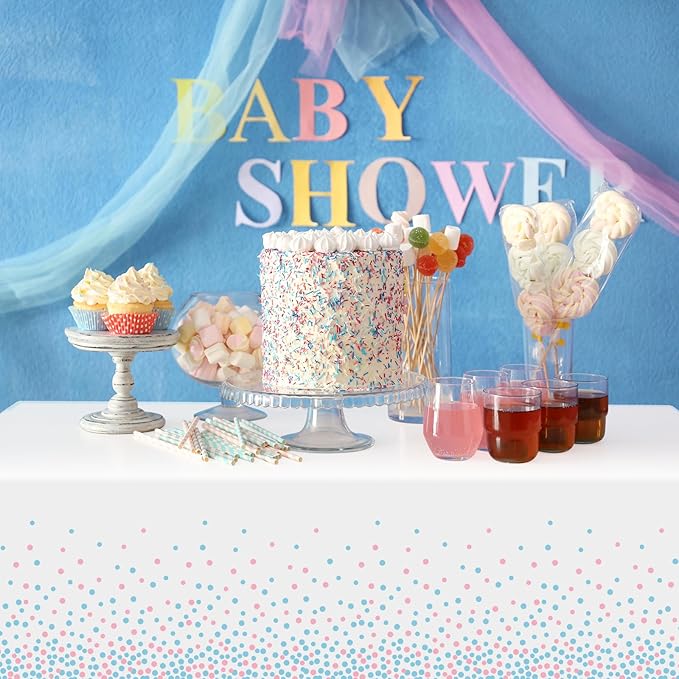 6Pack White and Pink Blue Plastic Tablecloth, White Disposable Table Cloth for Rectangle Tables, Pink Blue Stamping Dot White Tablecloth for Gender Reveal Baby Shower Birthday Party Supplies, 54"x108"