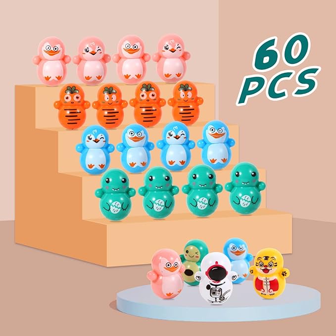 60pcs Mini Animal Tumbler Toy Set for Kids Party Favors, righting Doll Fidget Toys, Cute Tumbler Toy Roly-Poly self-righting Doll Tumbler Bulk Toys for Boys Girls, Classroom Prizes, Pinata Fillers