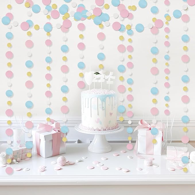 Outus 10 Pieces Pink,Blue,Gold,White Round Dots Garland Easter Graduation Party Hanging Decor Each Length 13.1ft Glitter Paper Dot Streamers for Birthday Wedding Classroom