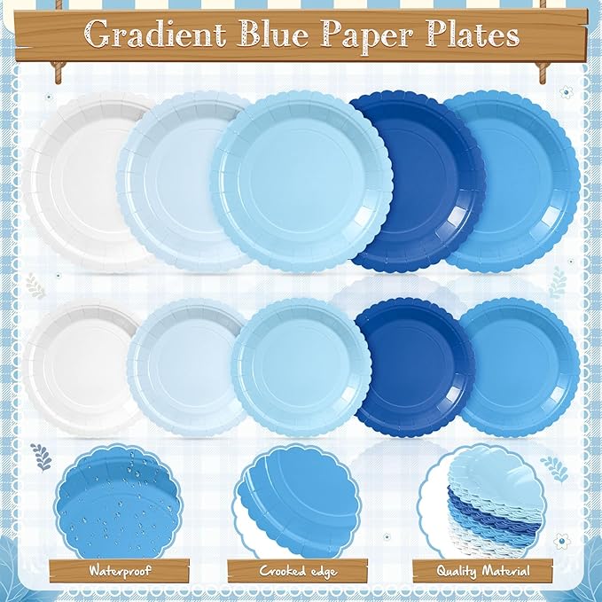 Zhehao 175 Pcs Blue Party Supplies Set Blue Disposable Tableware Kit with Plates, Cups, Napkins, Cutlery in Natural Earth Tones for Baby Shower, Birthday, Wedding Forest Events