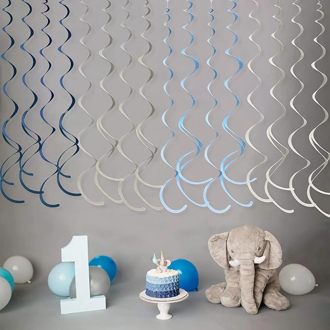 36 Pcs Dusty Blue Gray Hanging Swirl Decorations Navy Blue Grey Felt Swirl Streamer Spiral Ceiling Garland for Baby Shower Wedding Birthday Engagement Ahoy Achor Nautical Graduation Party Supplies