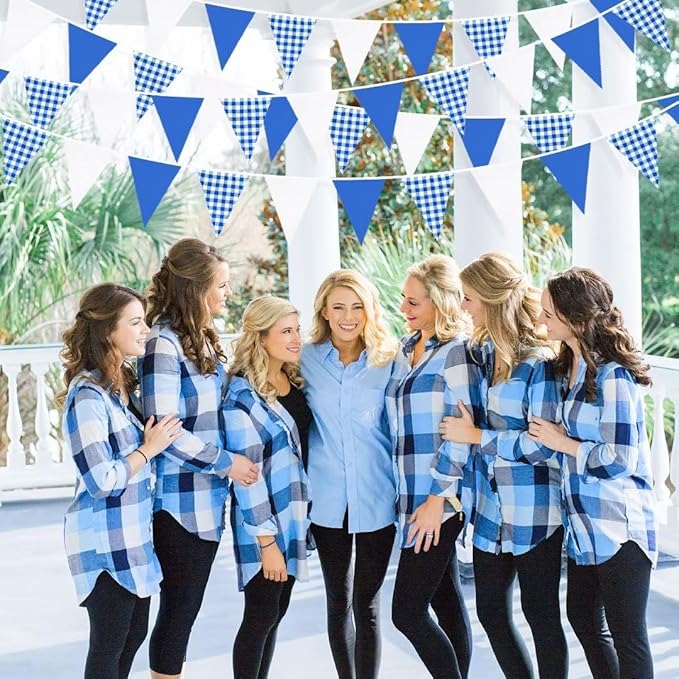 32Ft Deep Blue Party Decorations Blue Buffalo Plaid Checkered White Triangle Flag Gingham Pennant Bunting Fabric Garland for Picnic Racing Car BBQ Birthday Wedding Outdoor Garden Oktoberfest Decor