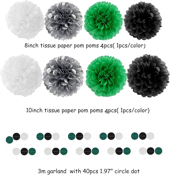 Black Green Silver Football Party-Decorations - 30pcs Soccer Graduation Streamers,Tissue Pom Poms,Tassel Garland Backdrop Men Boys Birthday Spring Sunmer Bunting Jungle theme Banner Lasting Surprise