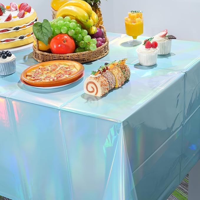 1 Pack Iridescent Light Blue Tablecloth for Parties, Pastel Blue Holographic Plastic Table Cover, Disposable Laser Baby Blue Table Cloth for Birthday Wedding Baby Shower Party Decorations, 54x108 Inch