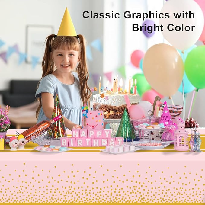 4 Pack Pink and Gold Tablecloth Party Decorations Plastic Pink Tablecloth Printed Gold Table Runner 54 x108 Inch Disposable Rectangle Table Cover for Birthday Wedding Graduation Anniversary