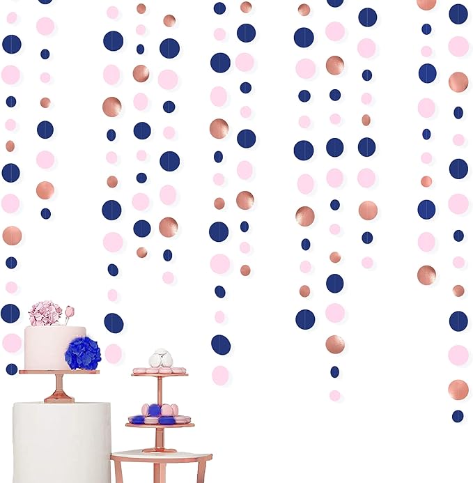 46Ft Navy Blue Blush Circle Dot Garland Royal Blue Pink Rose Gold Hanging Paper Polka Dot Streamer for Gender Reveal Baby Shower Birthday Engagement Wedding Bridal Shower Anniversary Party Decorations