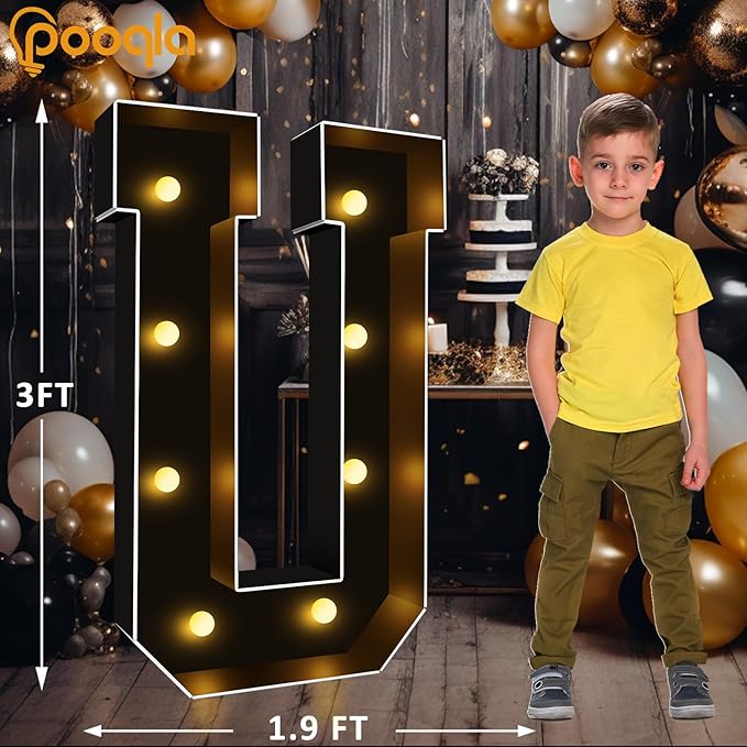 Pooqla 3FT Marquee Light Up Letters, Black LED Party Decor Large Marquee Letters 3 Feet Tall, Giant Mosaic Letter for Birthday Graduation Anniversary Wedding Decoration, Letter U