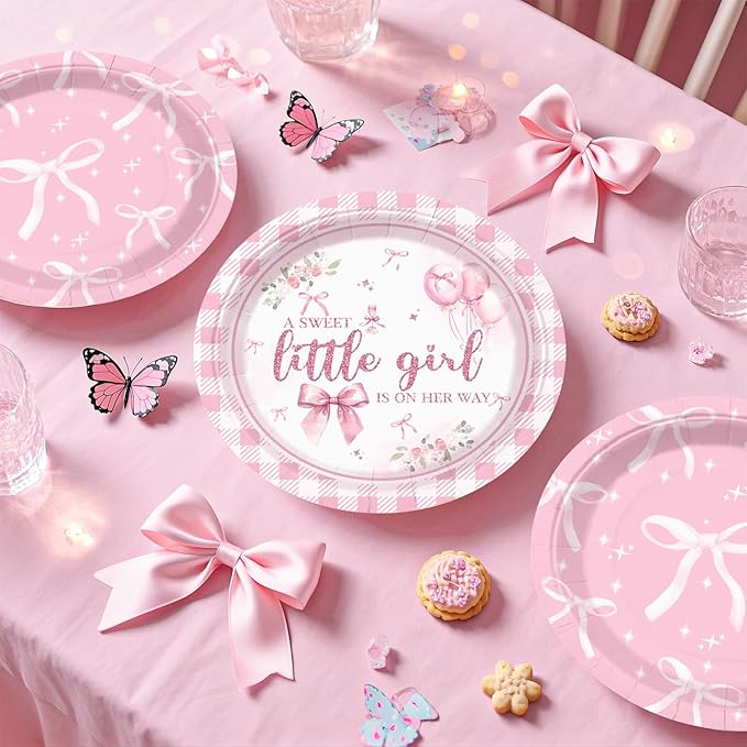 cocomigo 238 Pcs Pink Bow Baby Shower Decorations, All-in-One Party Pack for 20 Guests, Includes Tableware, Backdrop, Banner, Balloons and More for Bow Themed Baby Shower Decorations