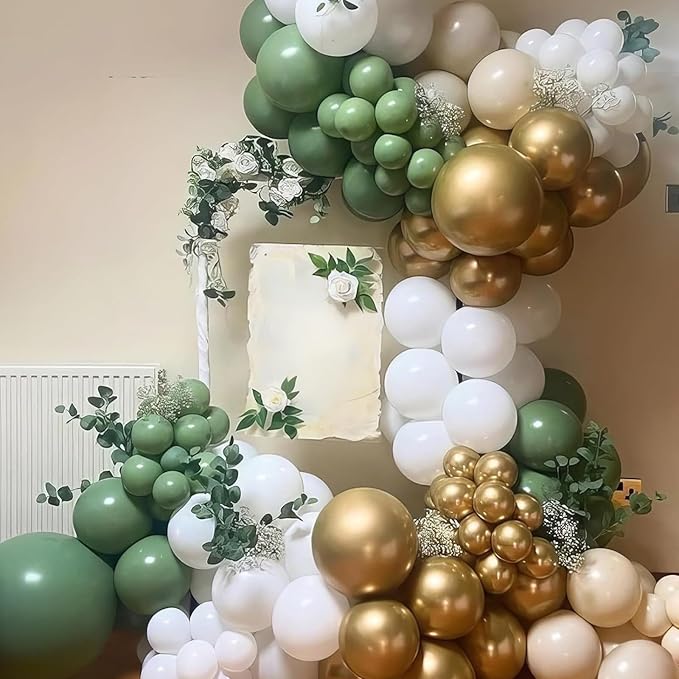 Sage Green Gold Balloons, 50Pcs 12 Inches Dusty Green White Metallic Gold Confetti Balloons for Engagement Anniversary Bridal Wedding Baby Shower Graduation Birthday Party Decorations