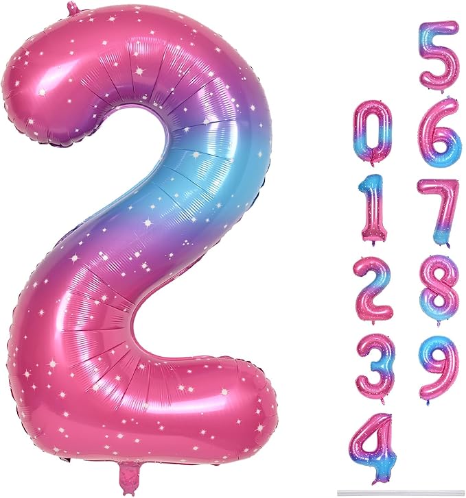 Gradient Blue Pink 2 Balloons, 40 Inch Giant Helium Foil Number 0-9 Rainbow 2th Birthday Balloon for Girls, Self Inflating Starry Digit 2 Balloons for Women Anniversary Party Decorations Supplies