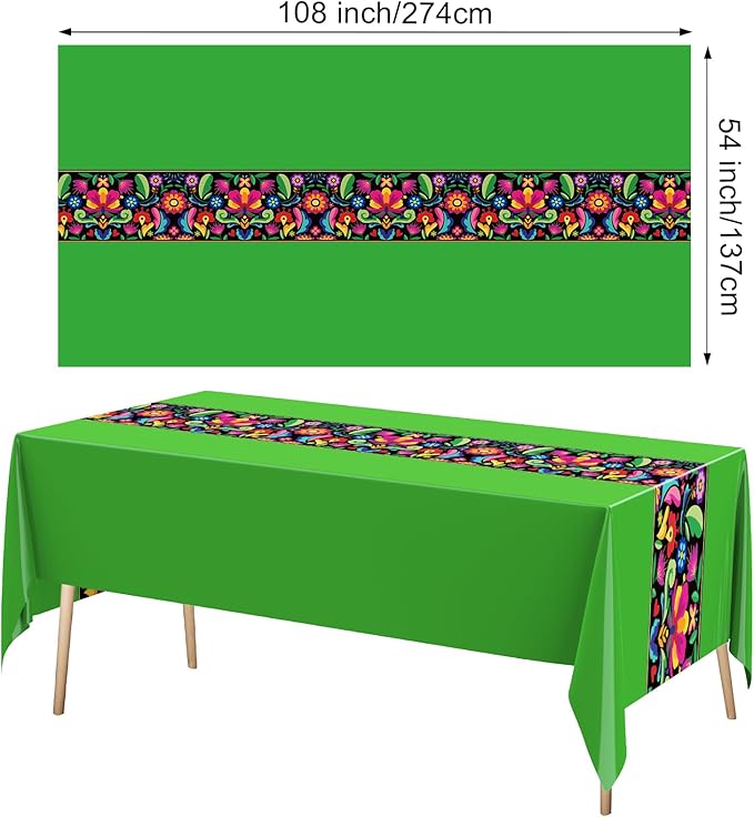 Oudain 3 Pcs Fiesta Tablecloth 108 x 54 Inch Plastic Tablecover Mexican Waterproof Tablecloth Disposable Table Cover for Taco Night Festive Mexican Fiesta Wedding Party Decoration (Bright Color)