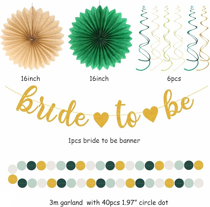 Sage Green Champagne-Gold Bachelorette Party-Decorations - 21pcs Baby Bridal Shower Banner Garland, Bride To Be Paper Streamers Lanterns,flower Tissue Pom Poms Fan,Wedding Backdrop Decor Huglony