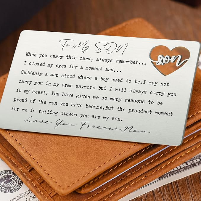 To My Son Wallet Insert Card from Mom, Stainless Steel Laser-Engraved Postcard with Heart Cutout, Emotional Gift for Son, Inspirational Pocket Keepsake for Birthday, Graduation, Christmas QBK06