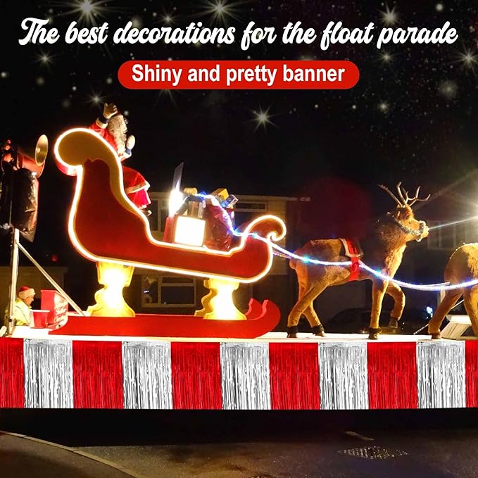 4 Pack 10 Ft Red and Silver Foil Fringe Garland Metallic Streamers Tinsel Banner Wall Hanging Garland Backdrop for Parade Floats, Halloween, Christmas, Thanksgiving, New Year Party Decorations