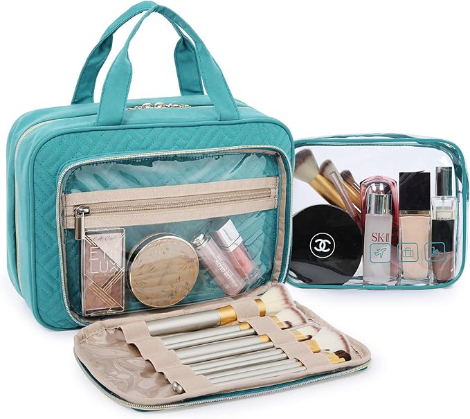 BAGSMART Toiletry Bag Hanging Travel Makeup Organizer with TSA Approved Transparent Cosmetic Bag Makeup Bag for Full Sized Toiletries, Medium-Blue