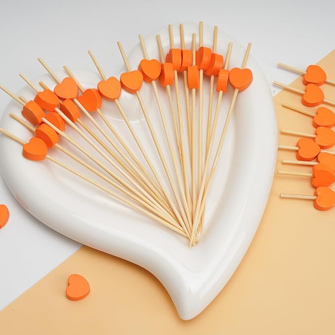 Minisland Orange Love Heart Cocktail Picks, 4.7 Inch Long Bamboo Fancy Toothpicks for Appetizers, Fall Thanksgiving Valentines Wedding Party Food Drinks Garnish Fruit Skewer Sticks 100 Counts -MSL440