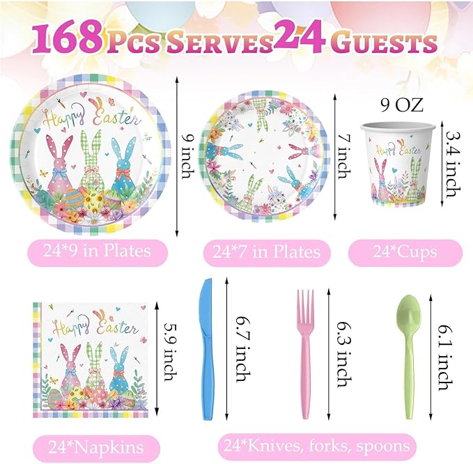 168PCS Happy Easter Plates and Napkins Forks Sets - Disposable Spring Flowers Paper Plates Set Colorful Eggs Themed Round Tableware for Easter Party Supplies Favors Table Decor(Serves 24)