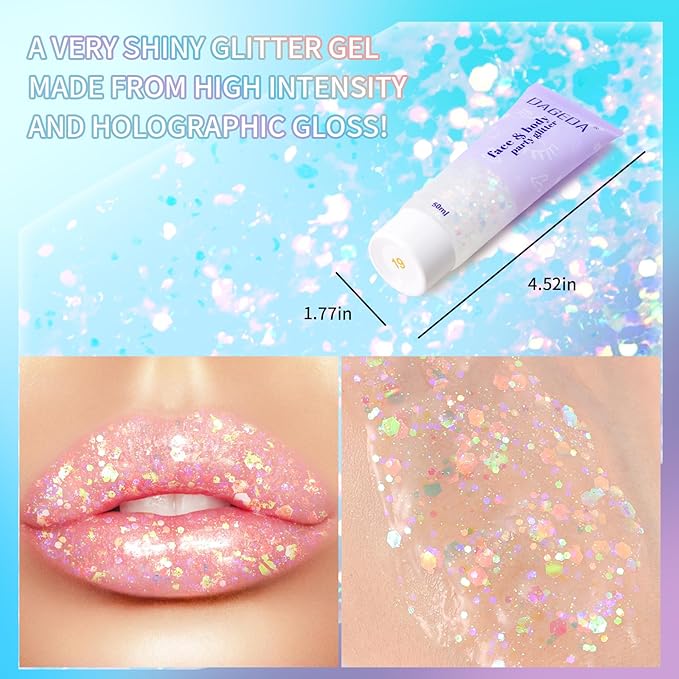 DAGEDA Rainbow Color Body Glitter Gel, Holographic Face Glitter Body Gel Rave Party Accessories, Chunky Glitters for Face Hair Nails, Cosmetic Laser Powder Festival Sequins Paint Makeup