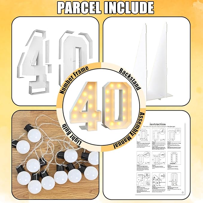4ft Light Up Numbers Marquee 40 Numbers with Lights White Slots-in Frame for Men Women 40th Birthday Party Decorations Pre-Cut Mosaic Cardboard Large Cut-Out Thick Foam Board Sign Anniversary