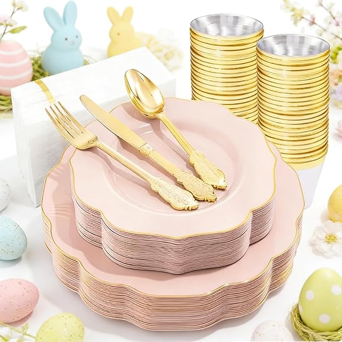 NOCCUR 175PCS Pink Plates with Gold Disposable Silverware - Include 50 Pink Plastic Plates,25 Knives,25 Forks,25 Spoons,25 Cups and 25 Napkins - Ideal for Party/Wedding/Easter Day