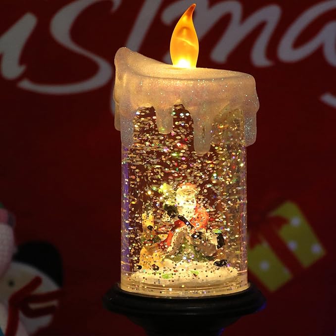 Eldnacele Battery Operated Lighted Flameless Candles Christmas Snow Globe Candle Light Swirling Water Glittering Spinning Candles for Home Decoration(Santa)