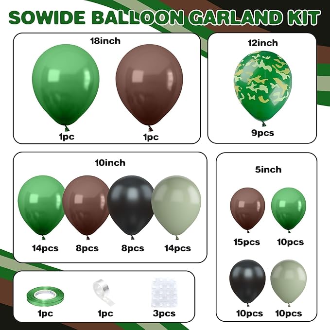 Camouflage Balloon Arch Kit,Camo Drak Green Avocado Green Black Balloons for Boys Kids Soldier Birthday Hunting Party Camping Jungle Safari Theme Baby Shower Party Decorations