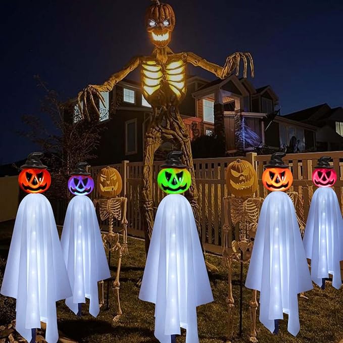 Upgraded Pumpkin Ghosts Halloween Decorations Outdoor, 4 Pack Waterproof Solar Ghosts Garden Stake Lights for Front Yard Patio Lawn Pathway Halloween Party Decorations