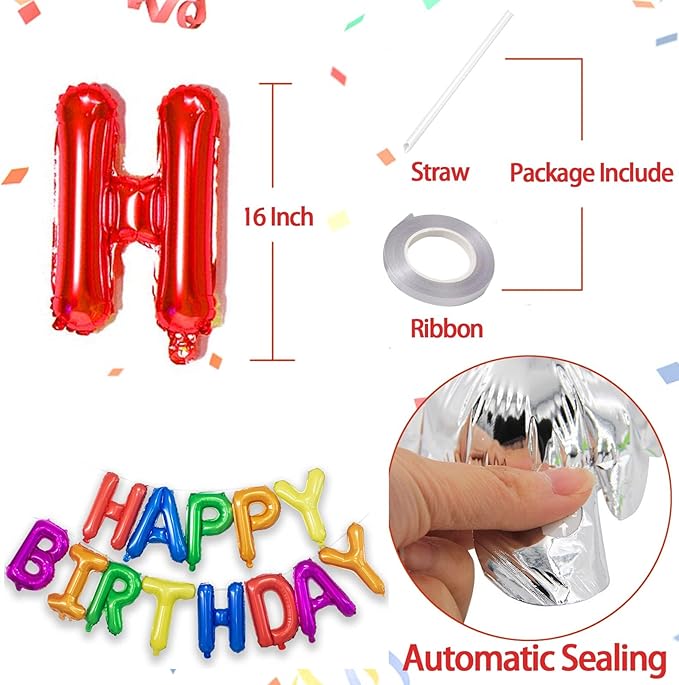 KALOR Rainbow Happy Birthday Balloons Banner,16 Inch Mylar Foil Letters Sign,Reusable Balloons for 30th 40th 50th 60th Birthday Party Decorations
