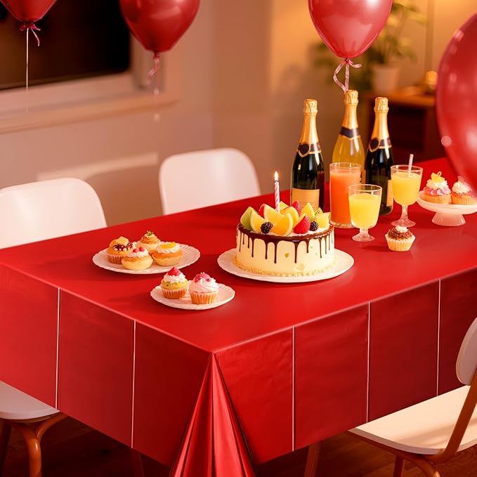 4 pcs Red Tablecloth Plastic -Stunning Metallic Matte Finish, 40" x 108" Christmas Table Cloth, Perfect for Carnival Birthday Party Decorations Casino Night Graduation Table Supplies