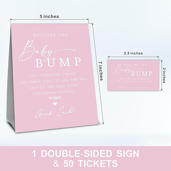 Pink Baby Shower Measure The Baby Bump, Measure Mommy's Belly Game Set - 1 Self-Standing Sign And 50 Tickets - Gender Reveal, Baby Shower, Baby Announcement Activity & Party Favor Supplies - A09