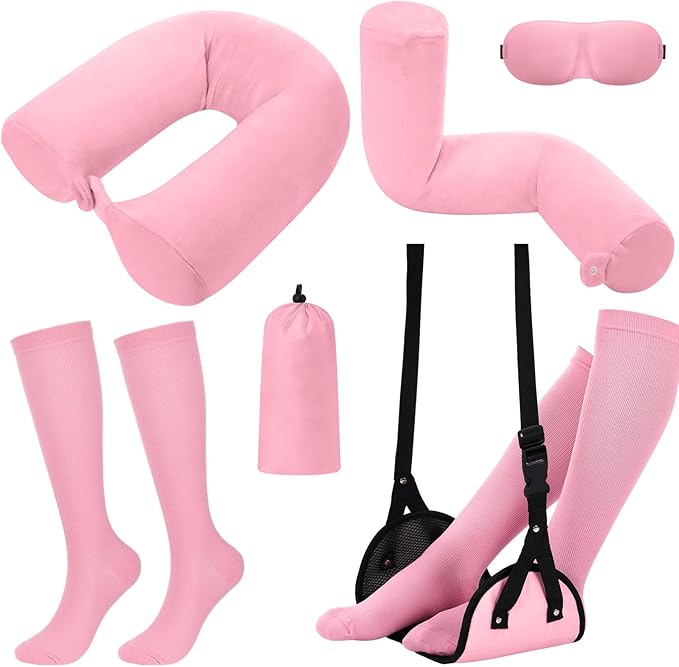 BreezeHug 4 Pcs Travel Comfort Kit with Memory Foam Travel Pillow Airplane Footrest Hammock 3D Contoured Eye Mask Compression Socks Neck Pillow for Car Flight Sleeping Support(Pink)