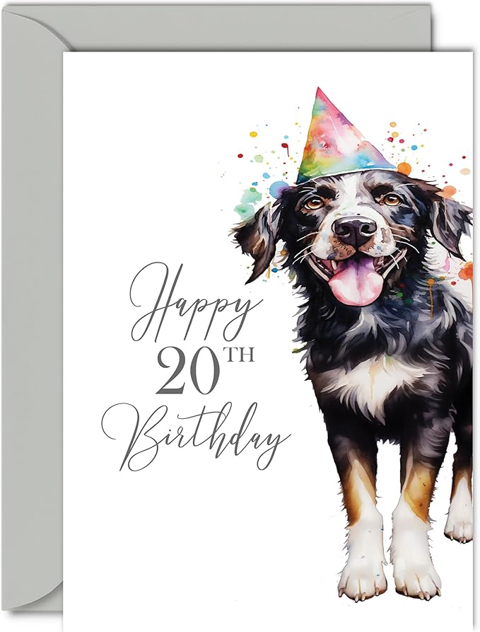 20th Birthday Cards for Men Women - Party Dog - Happy Birthday Card for 20 Year Old Man Woman Brother Sister Son Daughter Uncle Auntie Cousin, 5x7 Inch Bday Greeting Cards