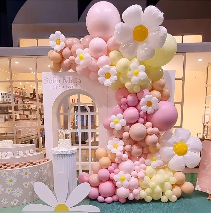 Daisy Balloon Garland Arch Kit Macaron Pastel Pink And Yellow Boho Groovy Party For Baby Shower Wedding Birthday Sunflower Decor